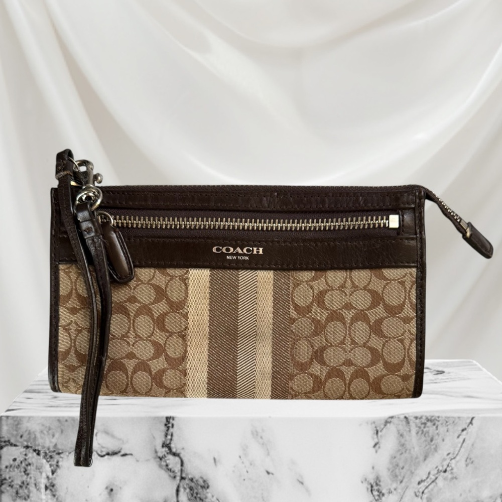 Coach Zippy Brown Jacquard Canvas Wristlet Wallet